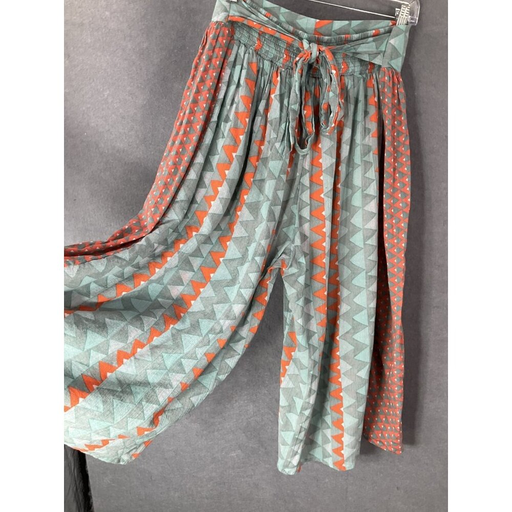 Feather Bone Anthropologie‎ Womans Wide Leg Pants Sz M Teal Orange Whimsical